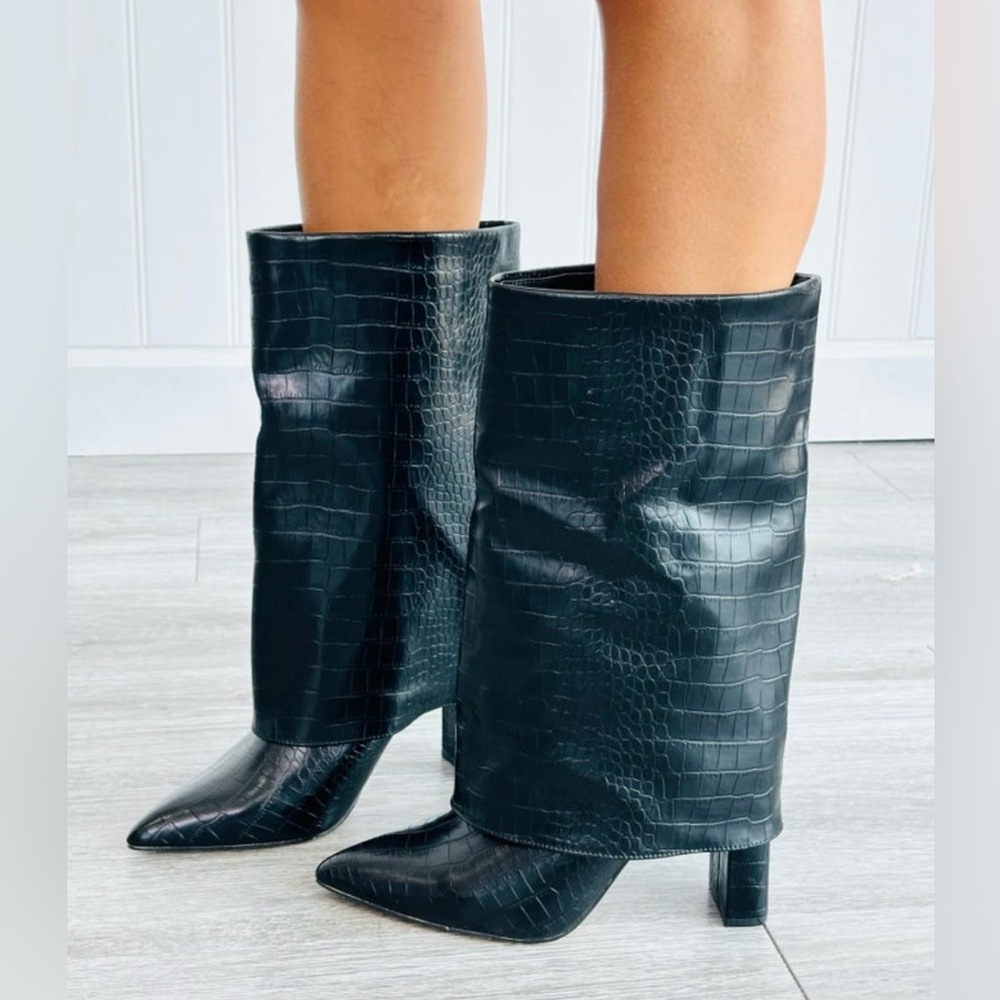 NEW Black Croc-Embossed Heeled Boots, Size 8